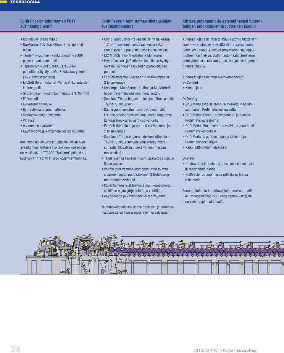 kuivatusryhmää (36 kuivatussylinteriä) EcoSoft Delta -kalanteri Vantis S -kalanteritelapinnoitteilla Sirius-rullain (konerullan halkaisija 3700 mm) Päänvienti Kuivatusosan huuva Hydrauliikka ja