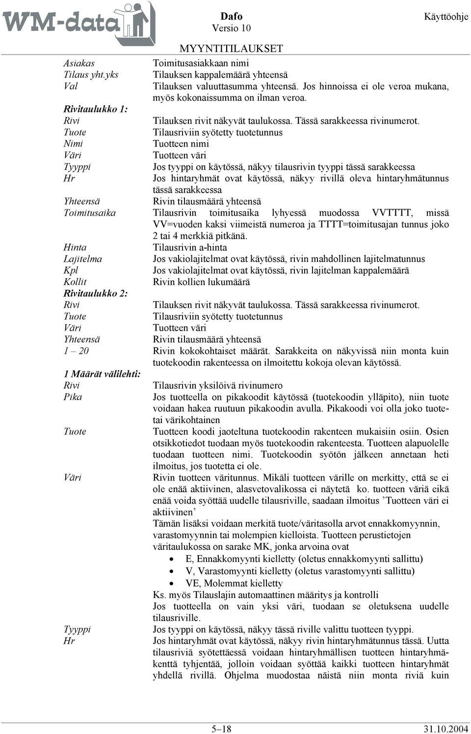 Tuote Tilausriviin syötetty tuotetunnus Nimi Tuotteen nimi Väri Tuotteen väri Tyyppi Jos tyyppi on käytössä, näkyy tilausrivin tyyppi tässä sarakkeessa Hr Jos hintaryhmät ovat käytössä, näkyy rivillä