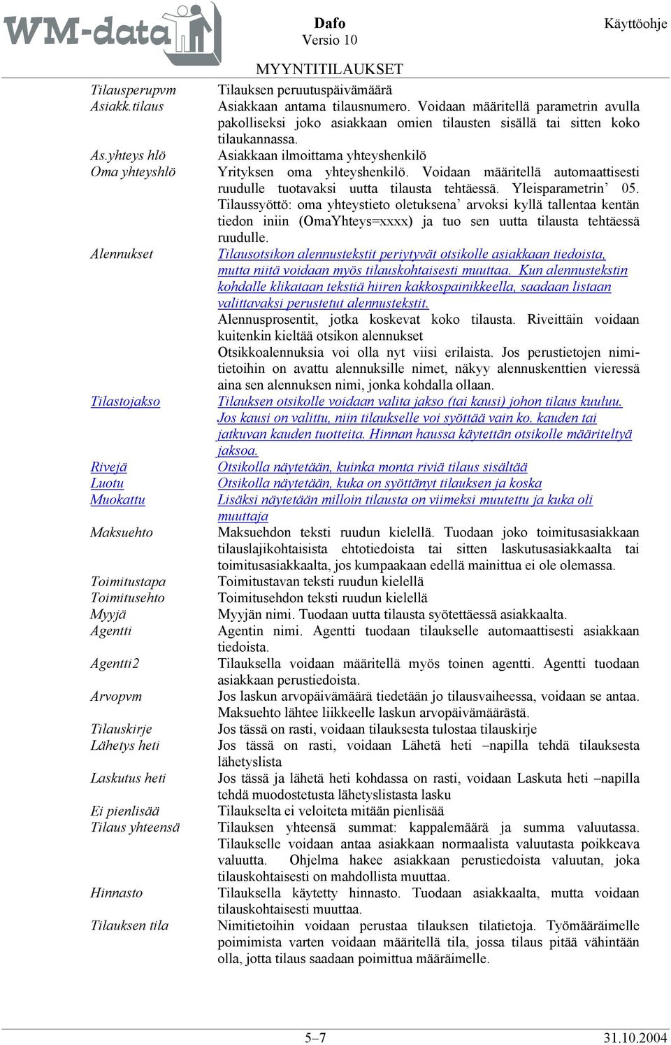 yhteensä Hinnasto Tilauksen tila Tilauksen peruutuspäivämäärä Asiakkaan antama tilausnumero.