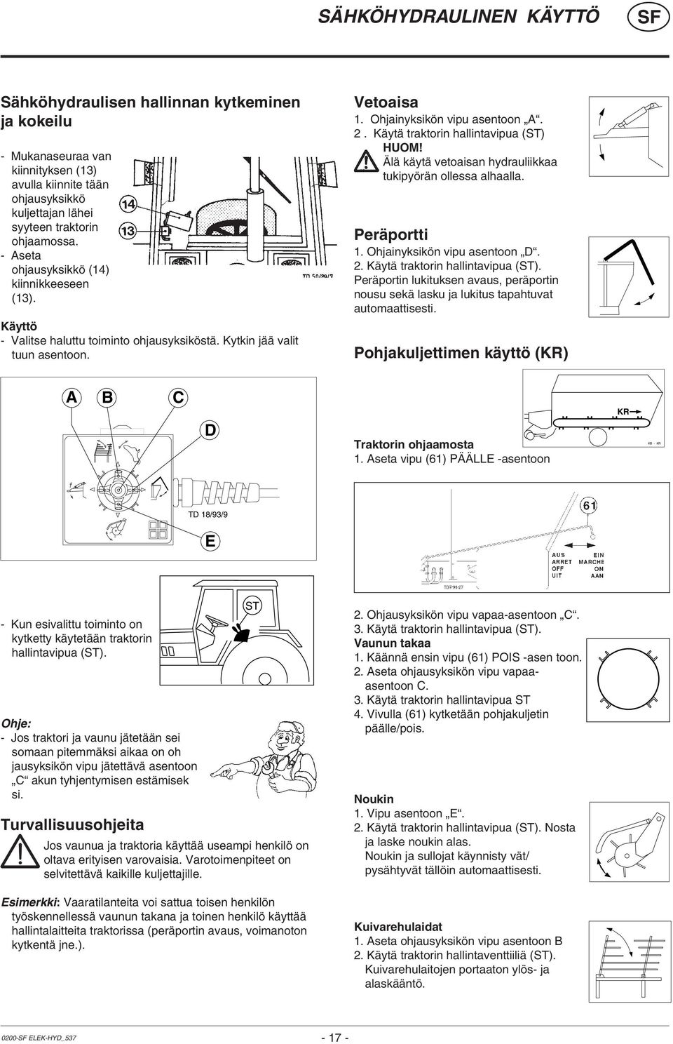 Käytä traktorin hallintavipua (ST) HUOM! Älä käytä vetoaisan hydrauliikkaa tukipyörän ollessa alhaalla. Peräportti 1. Ohjainyksikön vipu asentoon D. 2. Käytä traktorin hallintavipua (ST).