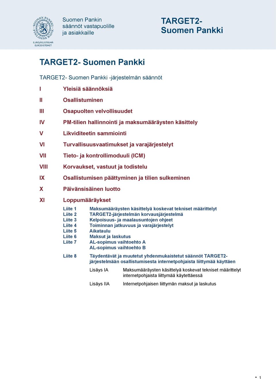 Liite 1 Maksumääräysten käsittelyä koskevat tekniset määrittelyt Liite 2 järjestelmän korvausjärjestelmä Liite 3 Kelpoisuus- ja maalausuntojen ohjeet Liite 4 Toiminnan jatkuvuus ja varajärjestelyt