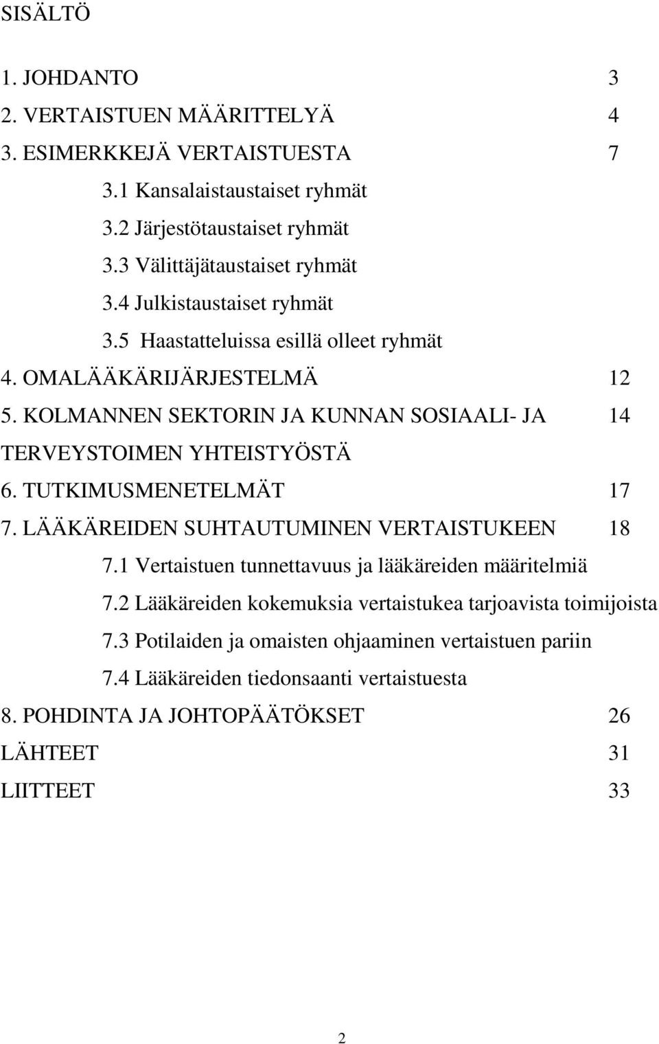 KOLMANNEN SEKTORIN JA KUNNAN SOSIAALI- JA 14 TERVEYSTOIMEN YHTEISTYÖSTÄ 6. TUTKIMUSMENETELMÄT 17 7. LÄÄKÄREIDEN SUHTAUTUMINEN VERTAISTUKEEN 18 7.