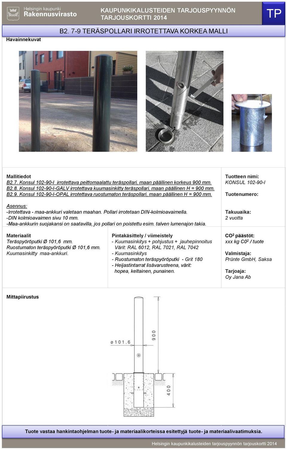 : -Irrotettava - maa-ankkuri valetaan maahan. Pollari irrotetaan DIN-kolmioavaimella. -DIN kolmioavaimen sivu 10 mm.