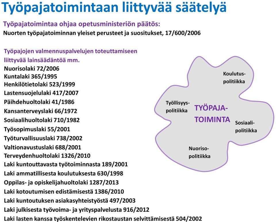 Nuorisolaki 72/2006 Kuntalaki 365/1995 Henkilötietolaki 523/1999 Lastensuojelulaki 417/2007 Päihdehuoltolaki 41/1986 Työllisyys- Kansanterveyslaki 66/1972 politiikka Sosiaalihuoltolaki 710/1982