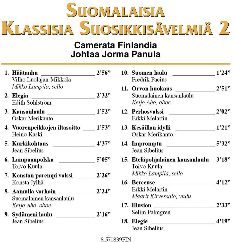 Aamulla varhain 2 24 9. Sydämeni laulu 2 16 8.570839FIN 10. Suomen laulu 1 24 Fredrik Pacius 11. Orvon huokaus 2 51 12. Perhosvalssi 2 02 13.