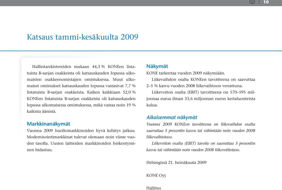 Kaiken kaikkiaan 52,0 % KONEen listatuista B-sarjan osakkeista oli katsauskauden lopussa ulkomaisessa omistuksessa, mikä vastaa noin 19 % kaikista äänistä.