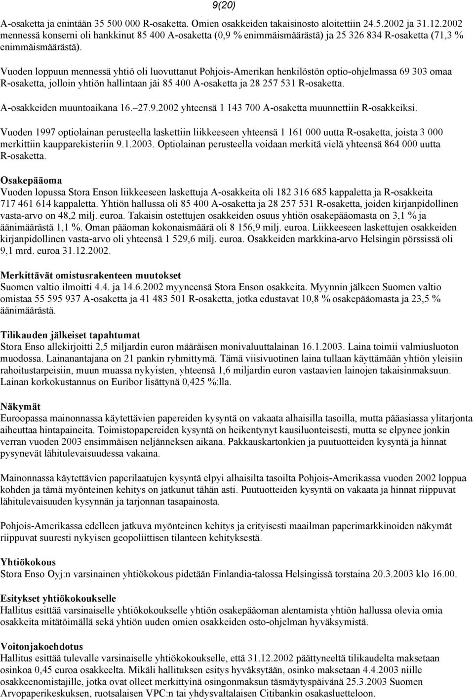 Vuoden loppuun mennessä yhtiö oli luovuttanut Pohjois-Amerikan henkilöstön optio-ohjelmassa 69 303 omaa R-osaketta, jolloin yhtiön hallintaan jäi 85 400 A-osaketta ja 28 257 531 R-osaketta.