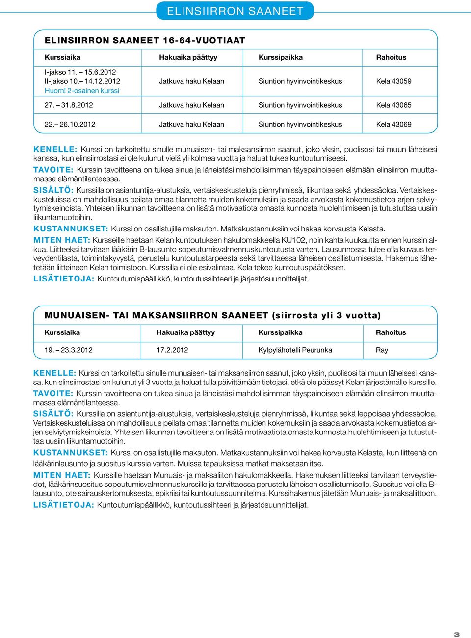 2012 Jatkuva haku Kelaan Siuntion hyvinvointikeskus Kela 43069 KENELLE: Kurssi on tarkoitettu sinulle munuaisen- tai maksansiirron saanut, joko yksin, puolisosi tai muun läheisesi kanssa, kun