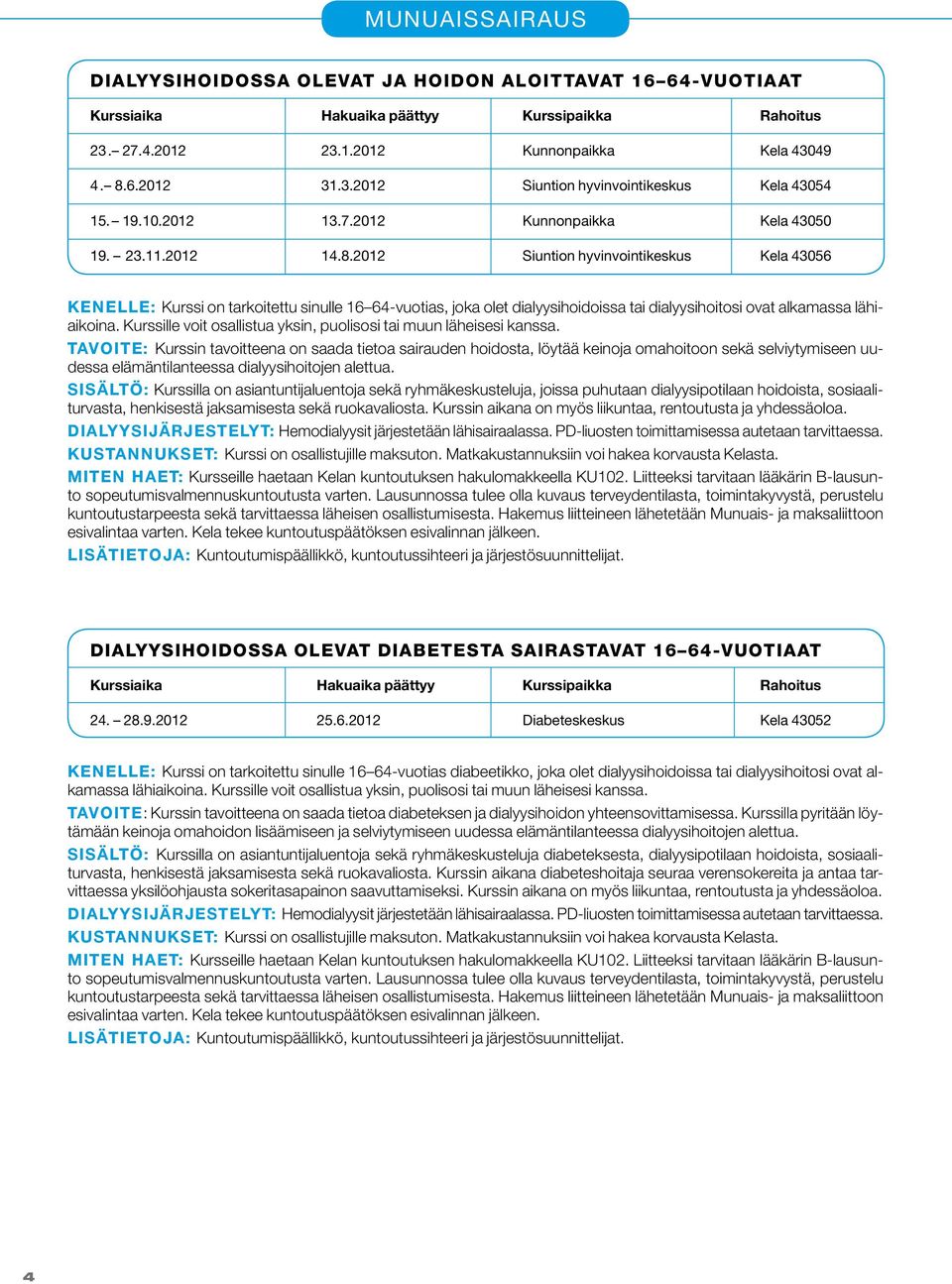 2012 Siuntion hyvinvointikeskus Kela 43056 KENELLE: Kurssi on tarkoitettu sinulle 16 64-vuotias, joka olet dialyysihoidoissa tai dialyysihoitosi ovat alkamassa lähiaikoina.