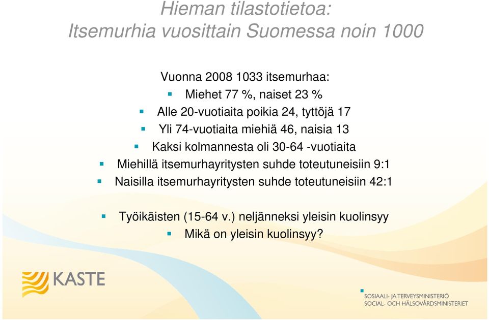 kolmannesta oli 30-64 -vuotiaita Miehillä itsemurhayritysten suhde toteutuneisiin 9:1 Naisilla