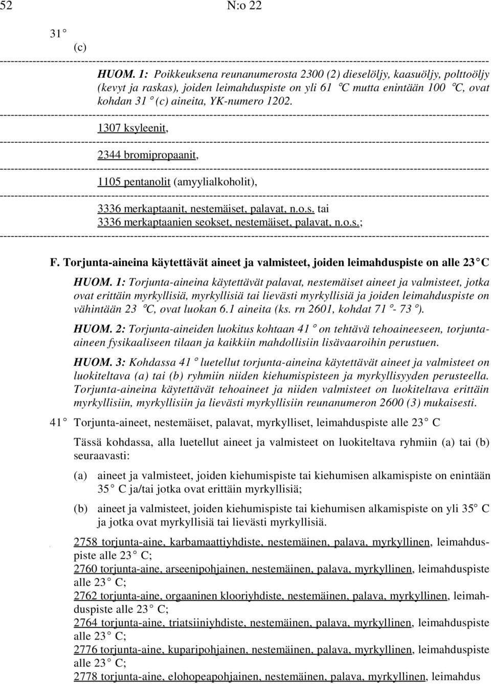 -- 1307 ksyleenit, -- 2344 bromipropaanit, -- 1105 pentanolit (amyylialkoholit), -- 3336 merkaptaanit, nestemäiset, palavat, n.o.s. tai 3336 merkaptaanien seokset, nestemäiset, palavat, n.o.s.; -- F.