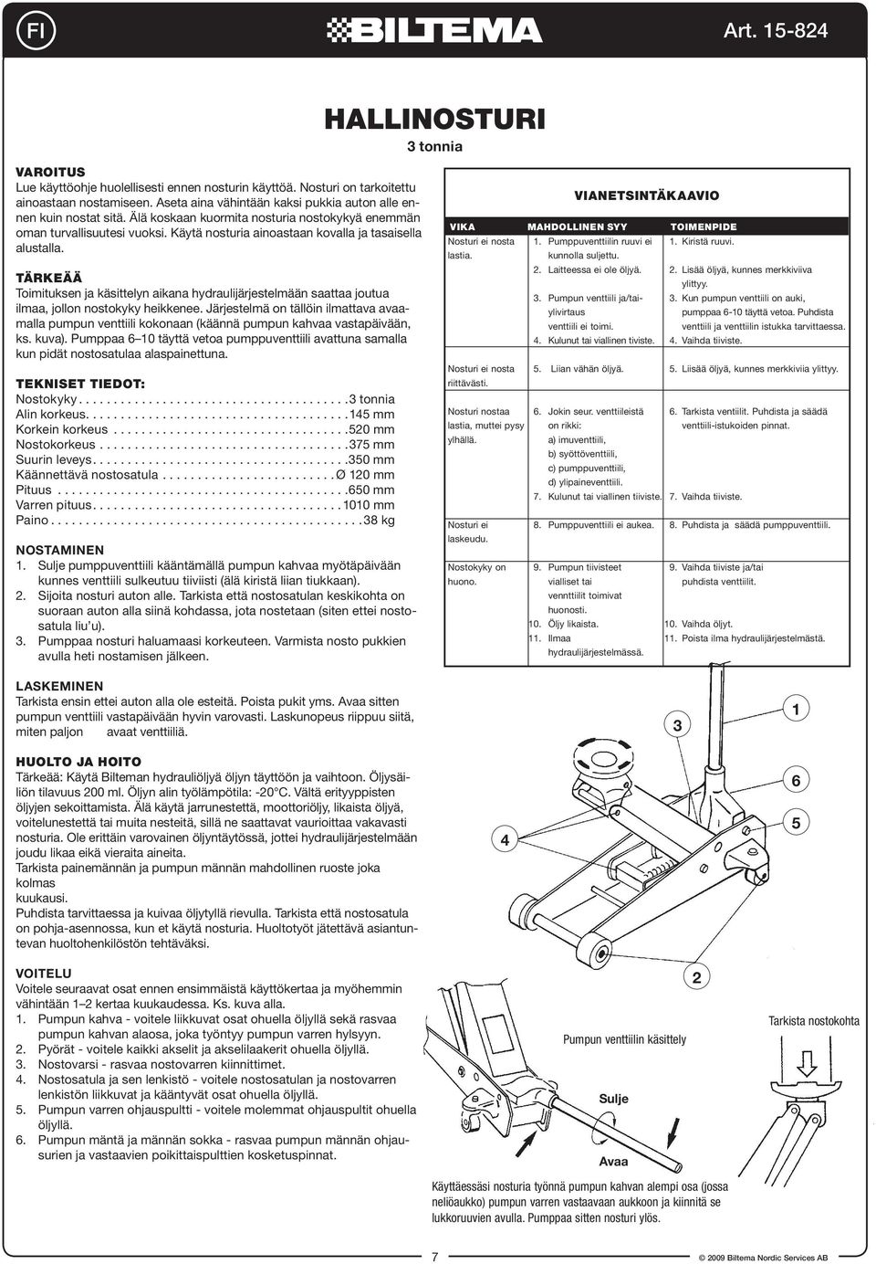 TÄRKEÄÄ Toimituksen ja käsittelyn aikana hydraulijärjestelmään saattaa joutua ilmaa, jollon nostokyky heikkenee.