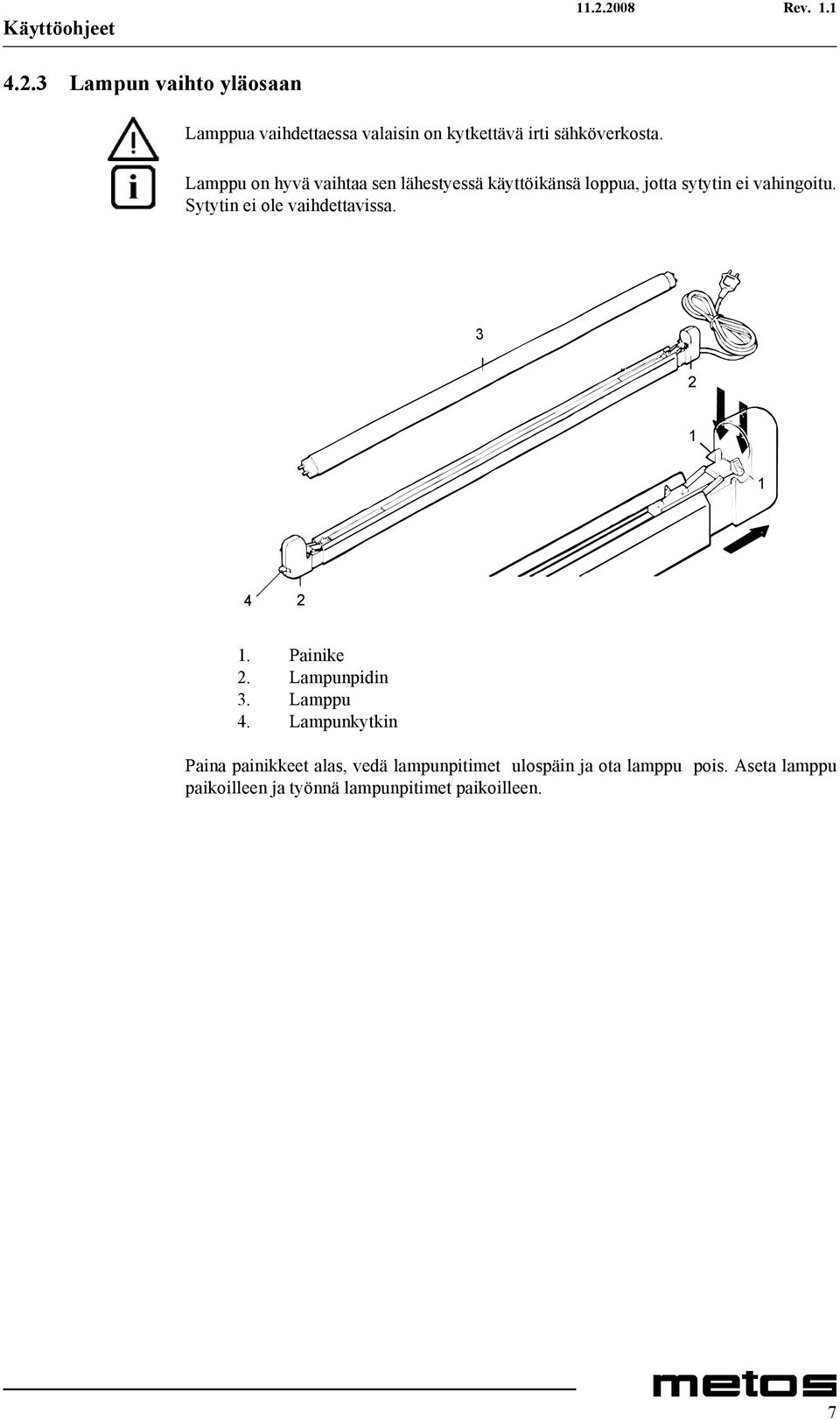 Sytytin ei ole vaihdettavissa. 3 2 1 1 4 2 1. Painike 2. Lampunpidin 3. Lamppu 4.