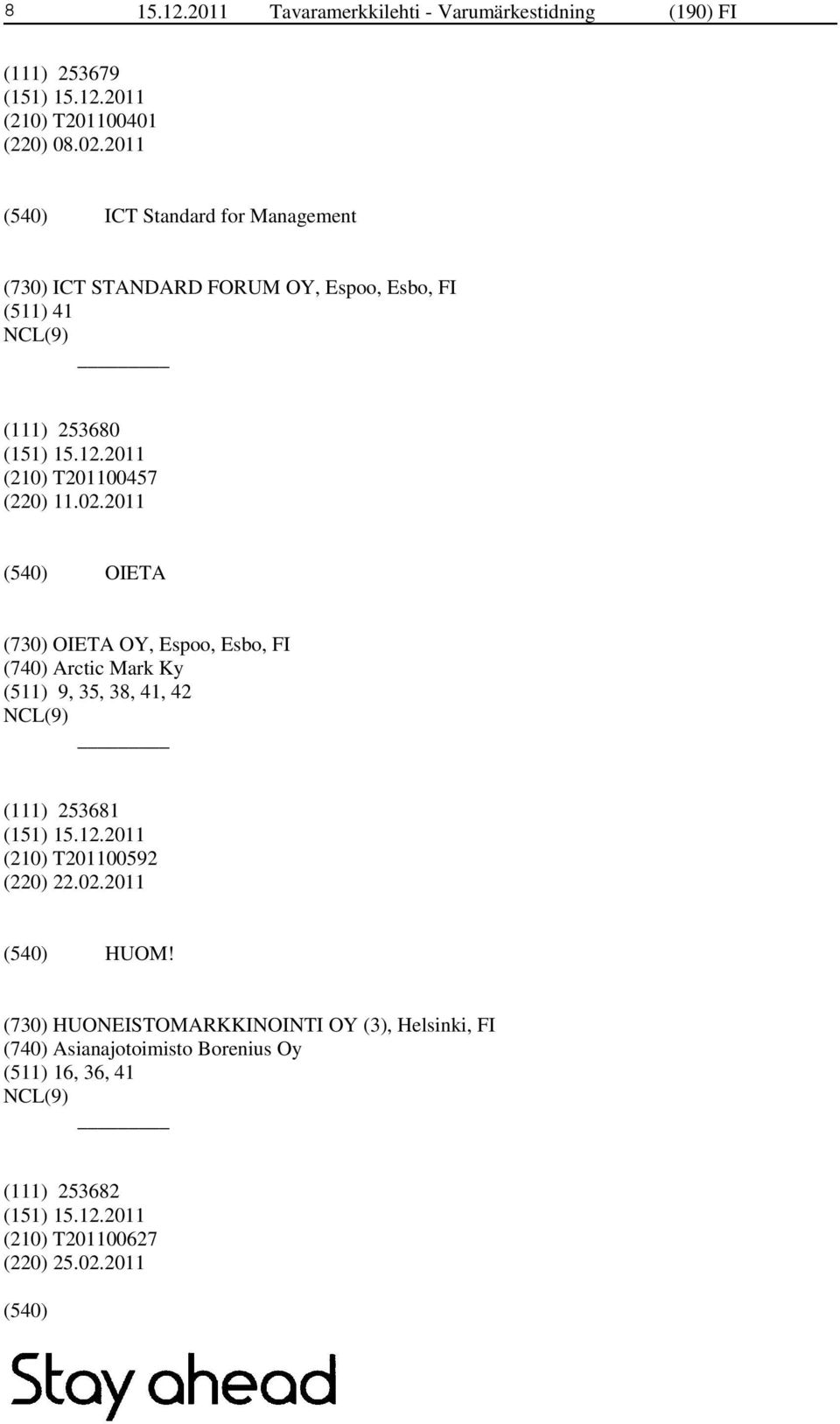 2011 OIETA (730) OIETA OY, Espoo, Esbo, FI (740) Arctic Mark Ky (511) 9, 35, 38, 41, 42 (111) 253681 (210) T201100592 (220) 22.02.