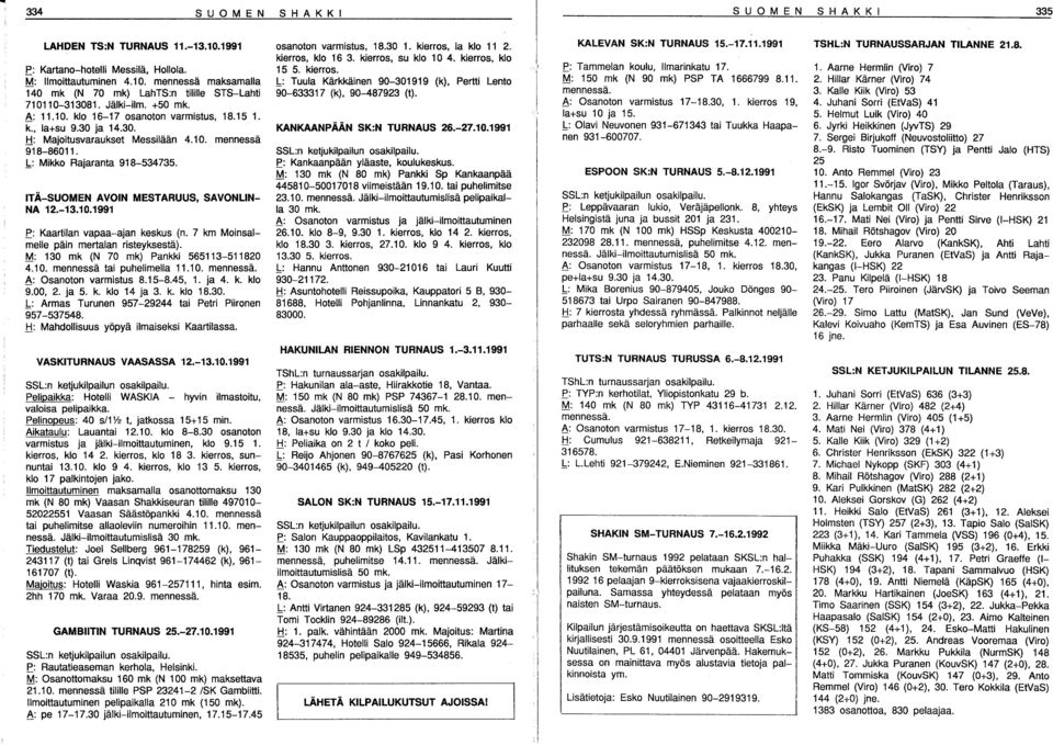 ITÄ-SUOMEN AVOIN MESTARUUS, SAVONLIN NA 12.-13.10.1991 e: Kaartilan vapaa-ajan keskus (n. 7 km Moinsalmelle päin mertalan risteyksestä). M: 130 mk (N 70 mk) Pankki 565113-511820 4.10. mennessä tai puhelimella 11.