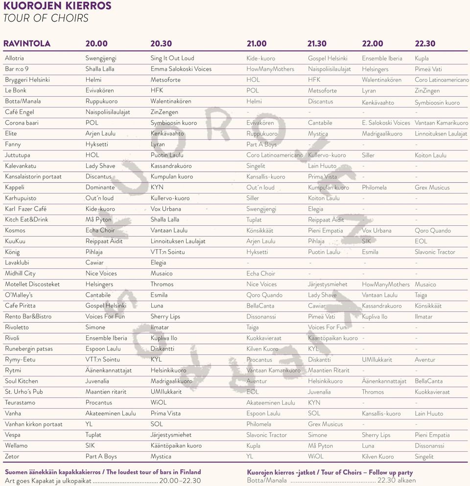 Naispoliisilaulajat ZinZengen Corona baari POL Symbioosin kuoro Elite Arjen Laulu Kenkävaahto Fanny Hyksetti Lyran Juttutupa HOL Puotin Laulu Kalevankatu Lady Shave Kassandrakuoro Kansalaistorin