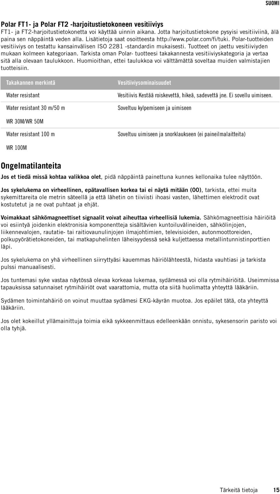 Polar-tuotteiden vesitiiviys on testattu kansainvälisen ISO 2281 -standardin mukaisesti. Tuotteet on jaettu vesitiiviyden mukaan kolmeen kategoriaan.