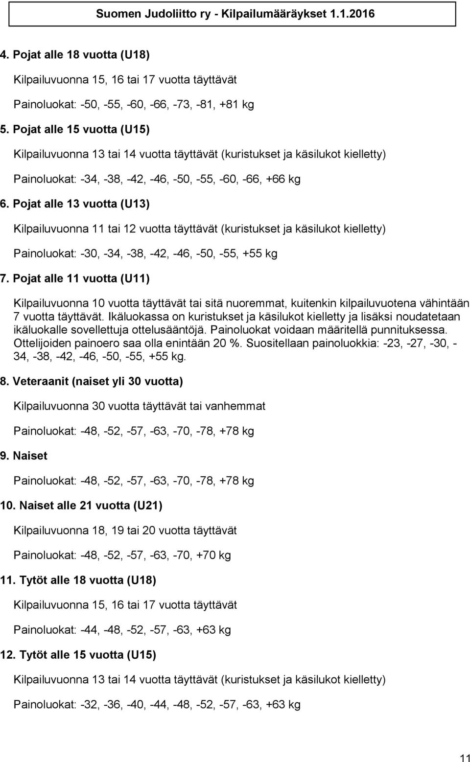 Pojat alle 13 vuotta (U13) Kilpailuvuonna 11 tai 12 vuotta täyttävät (kuristukset ja käsilukot kielletty) Painoluokat: -30, -34, -38, -42, -46, -50, -55, +55 kg 7.