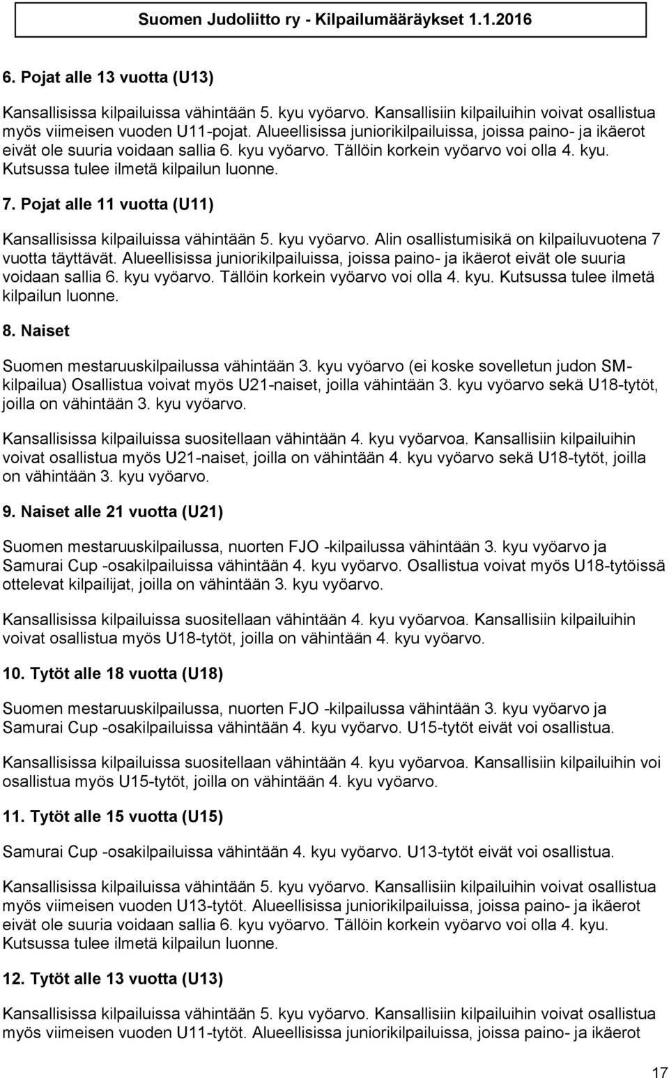 Pojat alle 11 vuotta (U11) Kansallisissa kilpailuissa vähintään 5. kyu vyöarvo. Alin osallistumisikä on kilpailuvuotena 7 vuotta täyttävät.