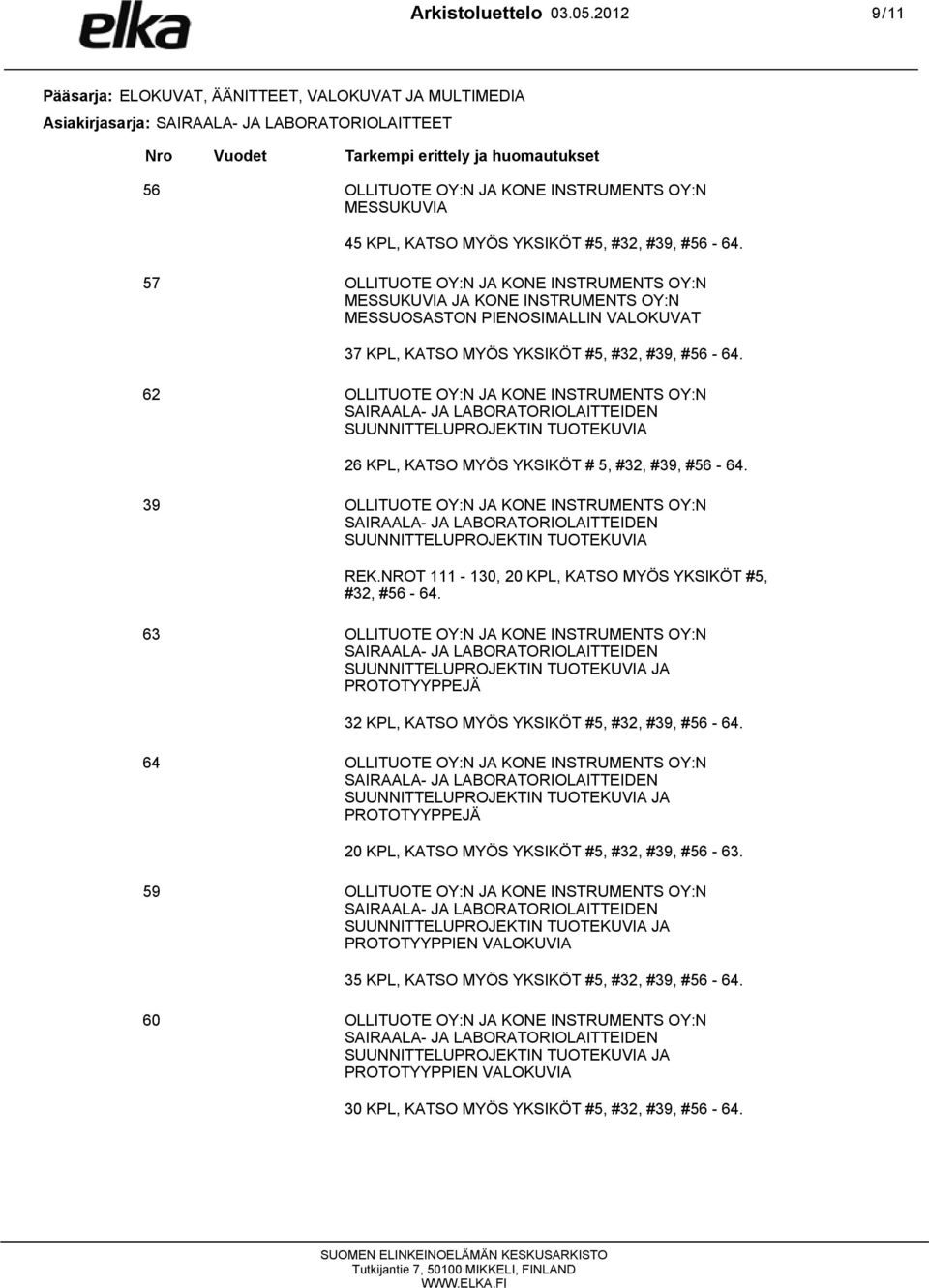 JA KONE INSTRUMENTS OY:N MESSUKUVIA 45 KPL, KATSO MYÖS YKSIKÖT #5, #32, #39, #56-64.