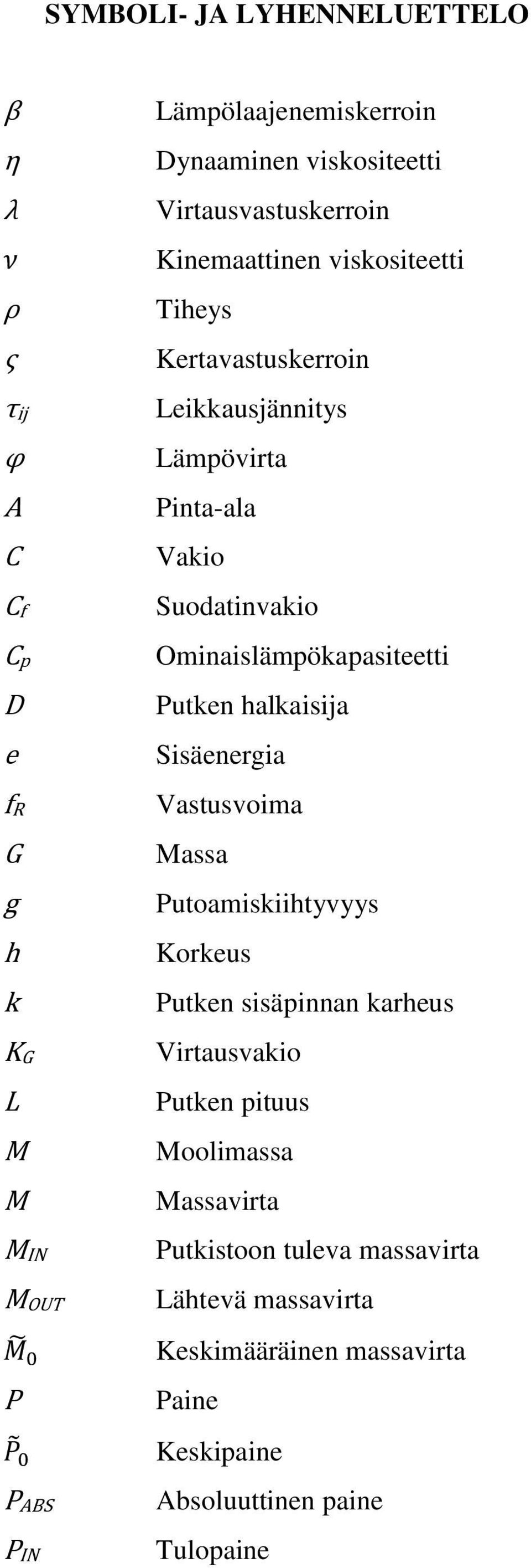 Suodatinvakio Ominaislämpökapasiteetti Putken halkaisija Sisäenergia Vastusvoima Massa Putoamiskiihtyvyys Korkeus Putken sisäpinnan karheus