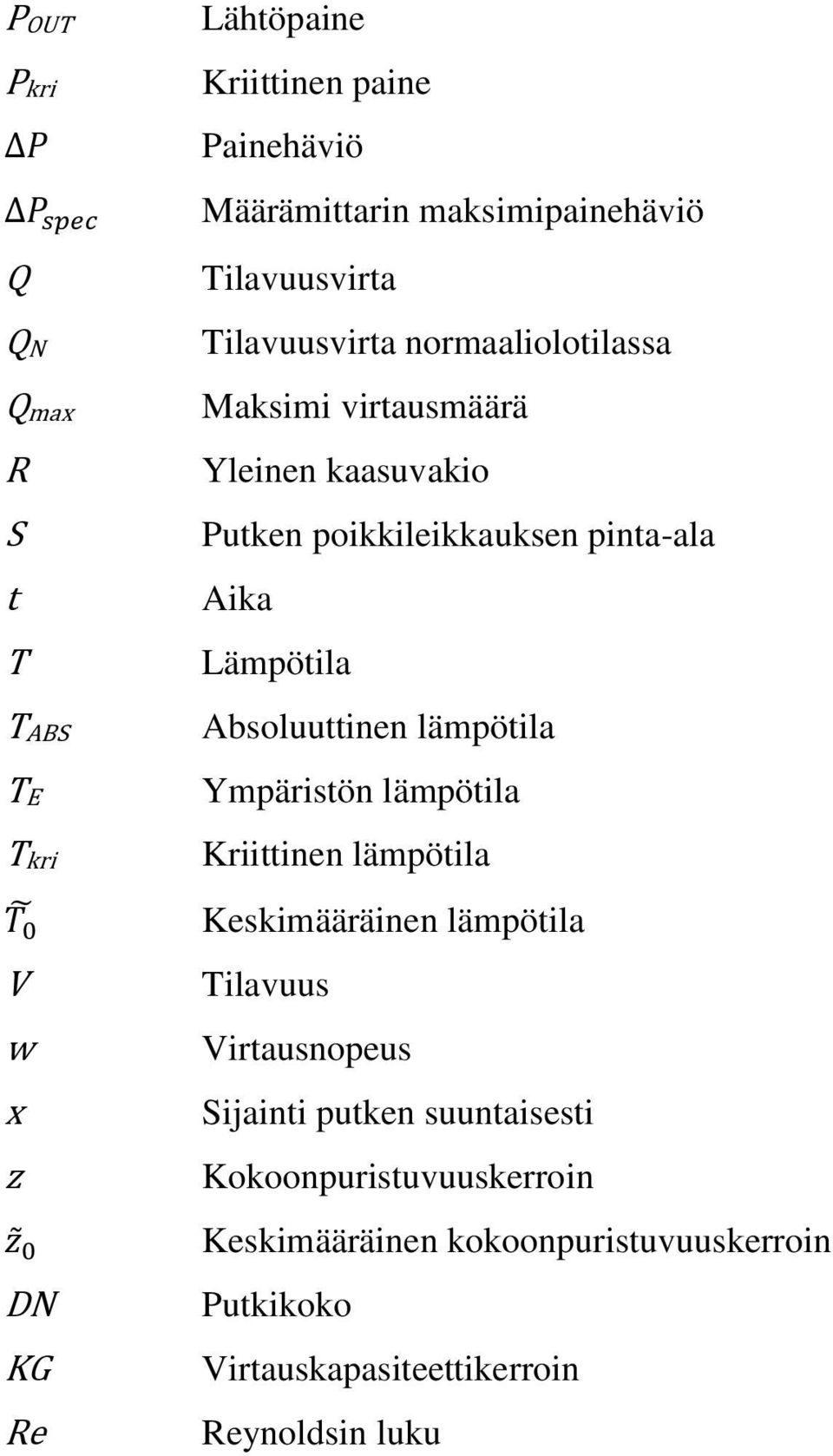 Lämpötila Absoluuttinen lämpötila Ympäristön lämpötila Kriittinen lämpötila Keskimääräinen lämpötila Tilavuus Virtausnopeus