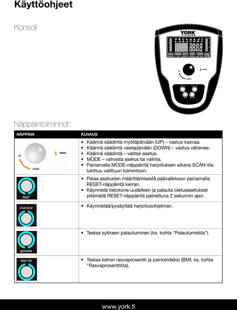 Painamalla MODE-näppäintä harjoituksen aikana SCAN-tila lukittuu valittuun toimintoon. Palaa asetusten määrittämisestä päävalikkoon painamalla RESET-näppäintä kerran.