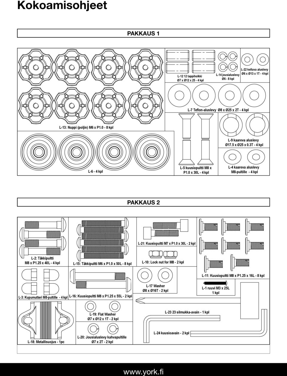 0 x 30L - 2 kpl L-2: Täkkipultti M8 x P1.25 x 40L - 4 kpl L-15: Täkkipultti M6 x P1.0 x 50L - 8 kpl L-10: Lock nut for M8-2 kpl L-11: Kuusiopultti M8 x P1.