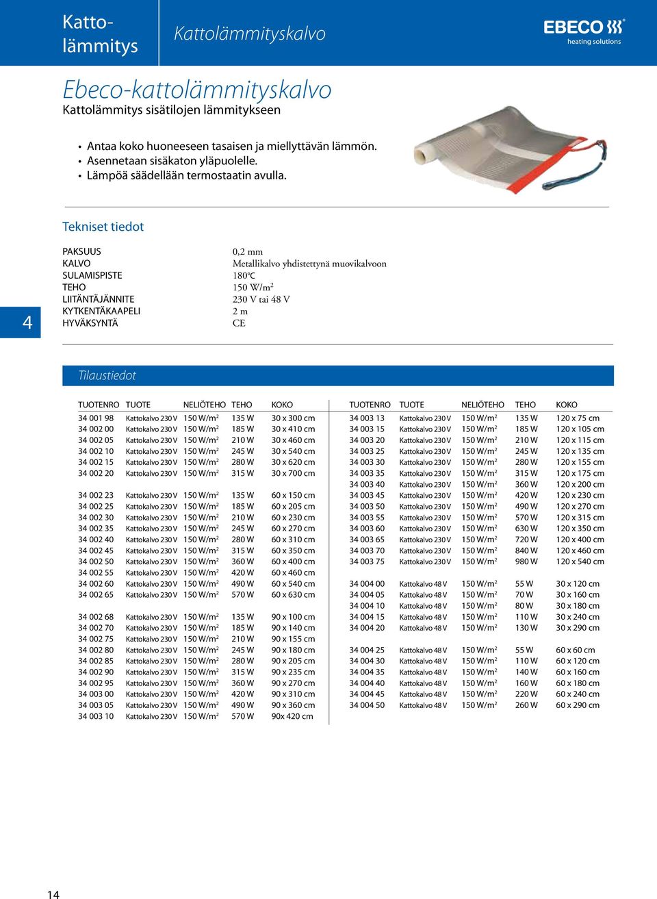 4 PAKSUUS KALVO SULAMISPISTE LIITÄNTÄJÄNNITE KYTKENTÄKAAPELI 0,2 mm Metallikalvo yhdistettynä muovikalvoon 180 C 230 V tai 48 V 2 m NRO 34 001 98 34 002 00 34 002 05 34 002 10 34 002 15 34 002 20 34