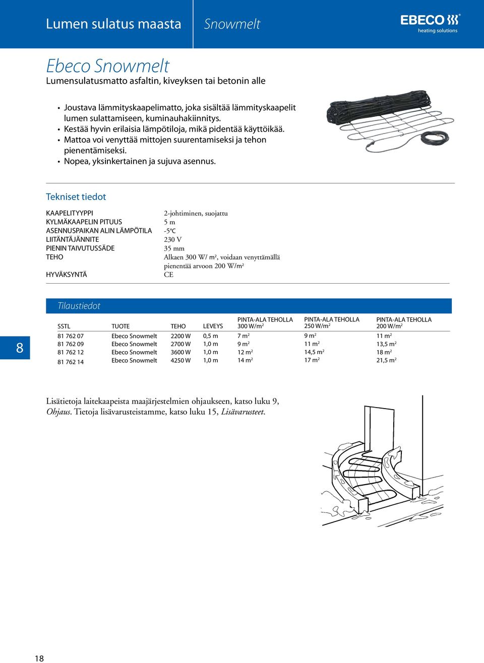 KAAPELITYYPPI KYLMÄKAAPELIN PITUUS ASENNUSPAIKAN ALIN LÄMPÖTILA LIITÄNTÄJÄNNITE PIENIN TAIVUTUSSÄDE 2-johtiminen, suojattu 5 m -5 C 230 V 35 mm Alkaen 300 W/ m 2, voidaan venyttämällä pienentää