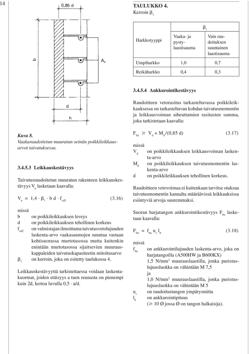 kaavalla: Kuva 8. Vaakaraudoitetun muuratun seinän poikkileikkausarvot taivutuksessa. 3.4.5.