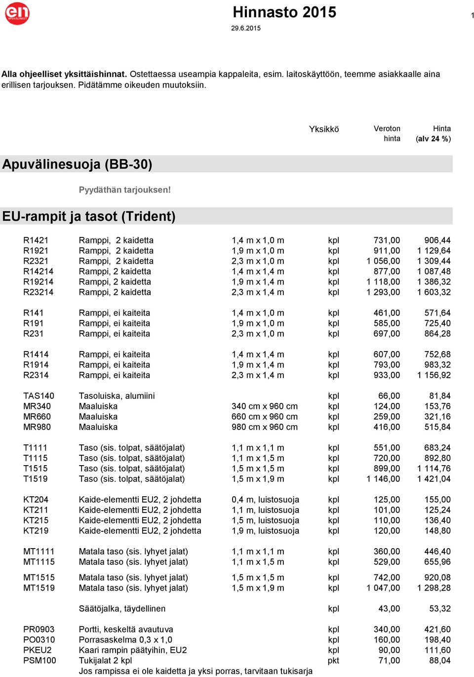 129,64 R2321 Ramppi, 2 kaidetta 2,3 m x 1,0 m kpl 1 056,00 1 309,44 R14214 Ramppi, 2 kaidetta 1,4 m x 1,4 m kpl 877,00 1 087,48 R19214 Ramppi, 2 kaidetta 1,9 m x 1,4 m kpl 1 118,00 1 386,32 R23214