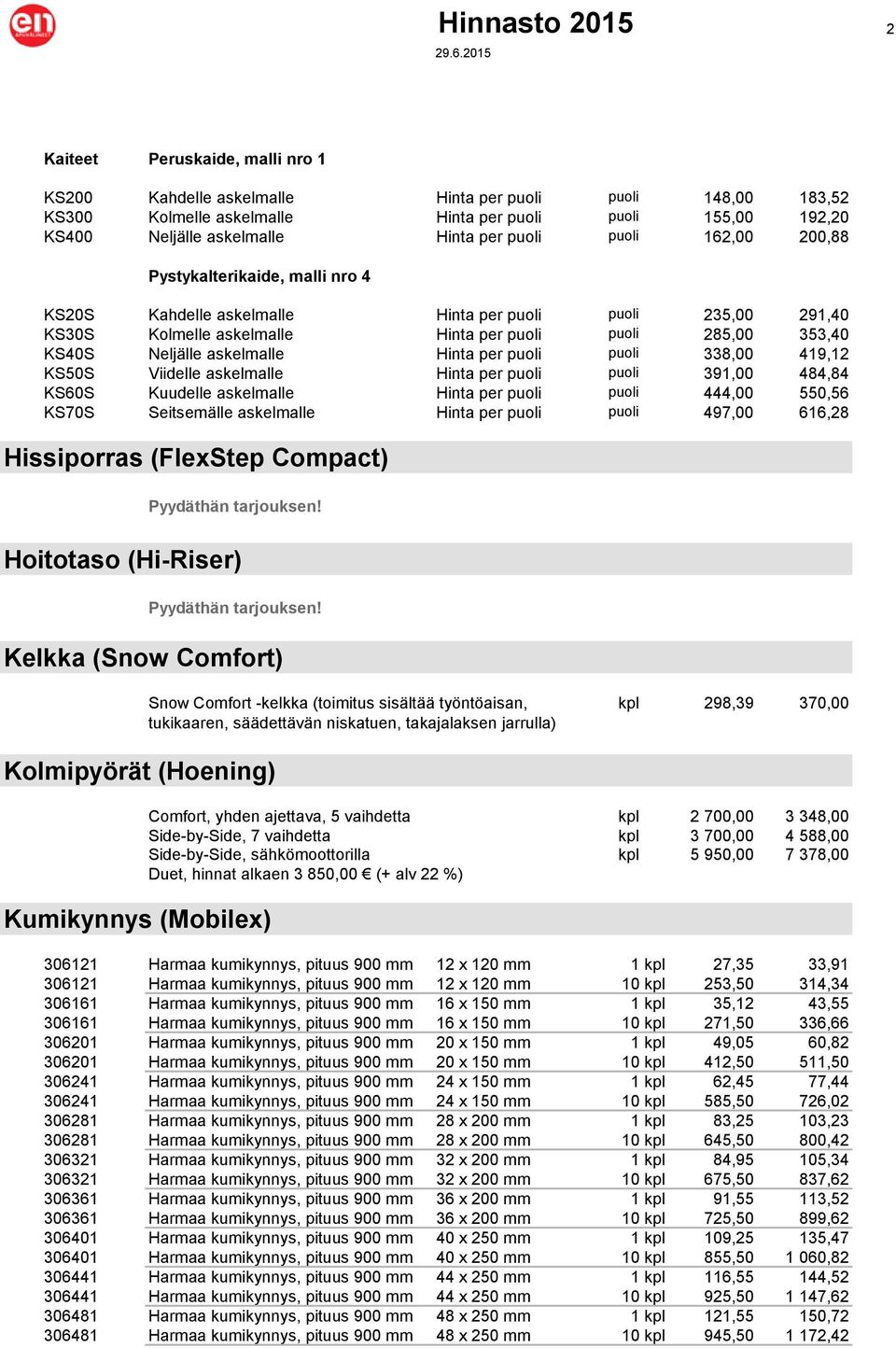 askelmalle Hinta per puoli puoli 338,00 419,12 KS50S Viidelle askelmalle Hinta per puoli puoli 391,00 484,84 KS60S Kuudelle askelmalle Hinta per puoli puoli 444,00 550,56 KS70S Seitsemälle askelmalle