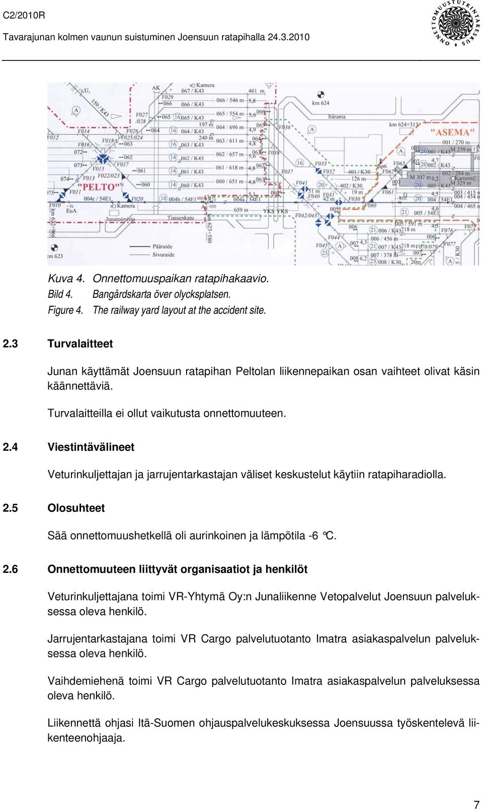 Turvalaitteilla ei ollut vaikutusta onnettomuuteen. 2.4 Viestintävälineet Veturinkuljettajan ja jarrujentarkastajan väliset keskustelut käytiin ratapiharadiolla. 2.5 Olosuhteet Sää onnettomuushetkellä oli aurinkoinen ja lämpötila -6 C.