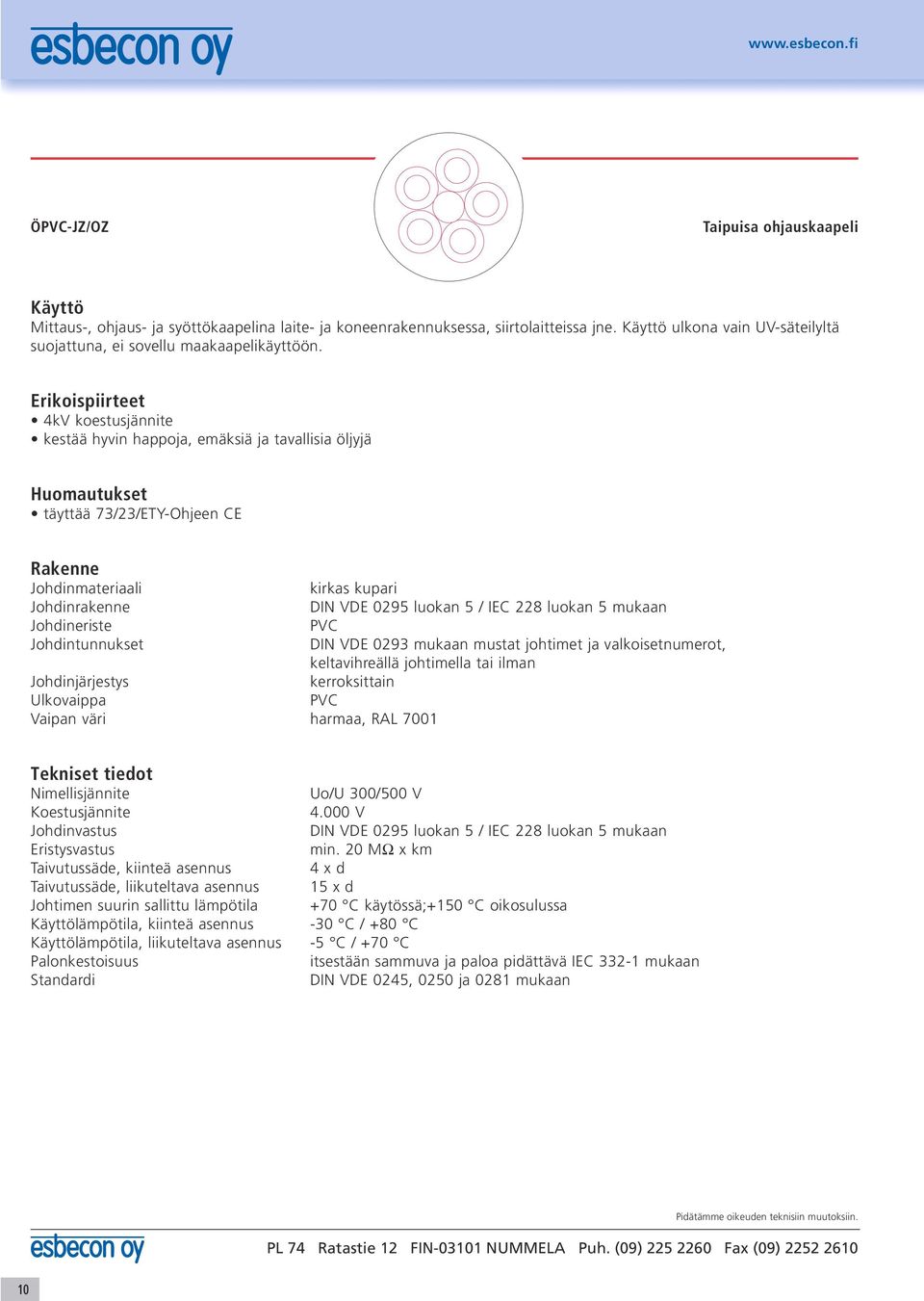 valkoisetnumerot, keltavihreällä johtimella tai ilman Johdinjärjestys kerroksittain Vaipan väri harmaa, RAL 7001 Nimellisjännite Uo/U 300/500 V Koestusjännite 4.