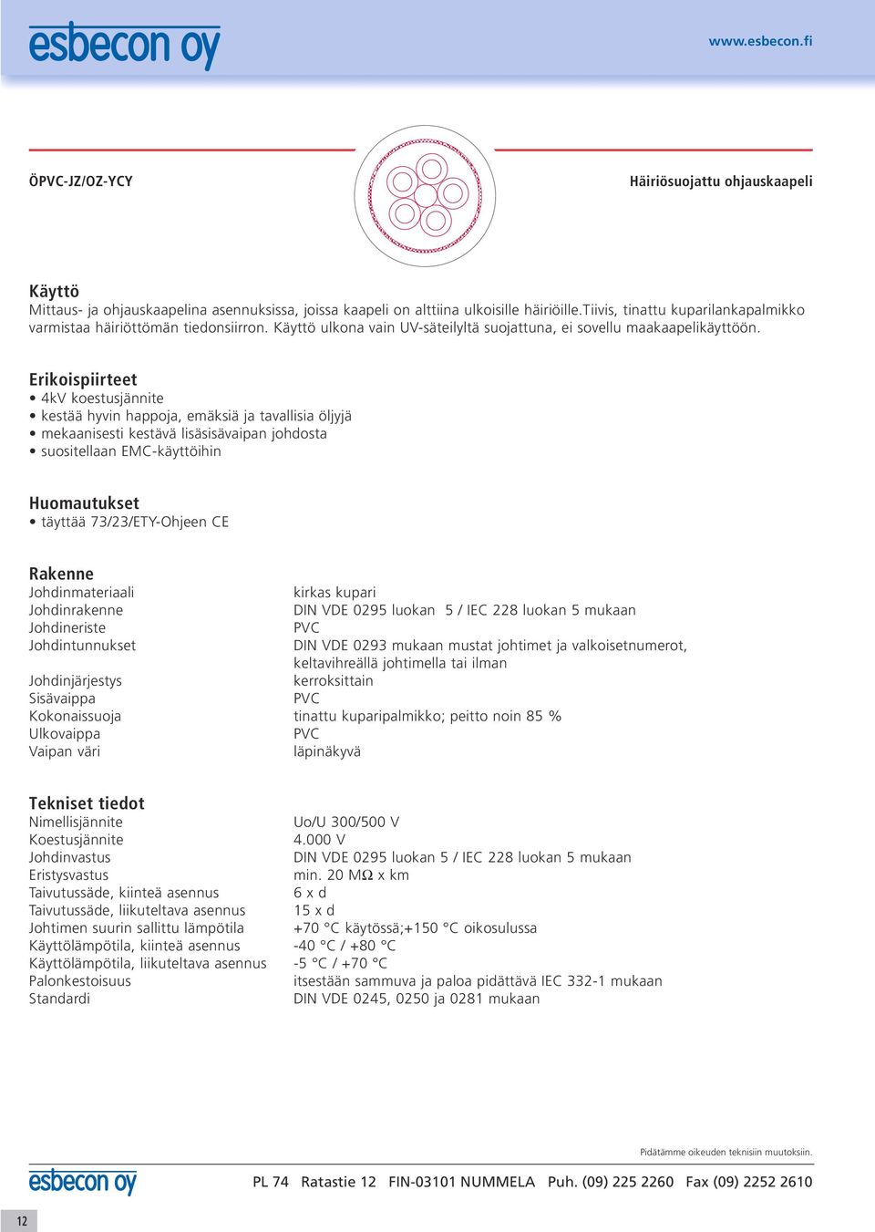 4kV koestusjännite kestää hyvin happoja, emäksiä ja tavallisia öljyjä mekaanisesti kestävä lisäsisävaipan johdosta suositellaan EMC-käyttöihin Huomautukset täyttää 73/23/ETY-Ohjeen CE DIN VDE 0295