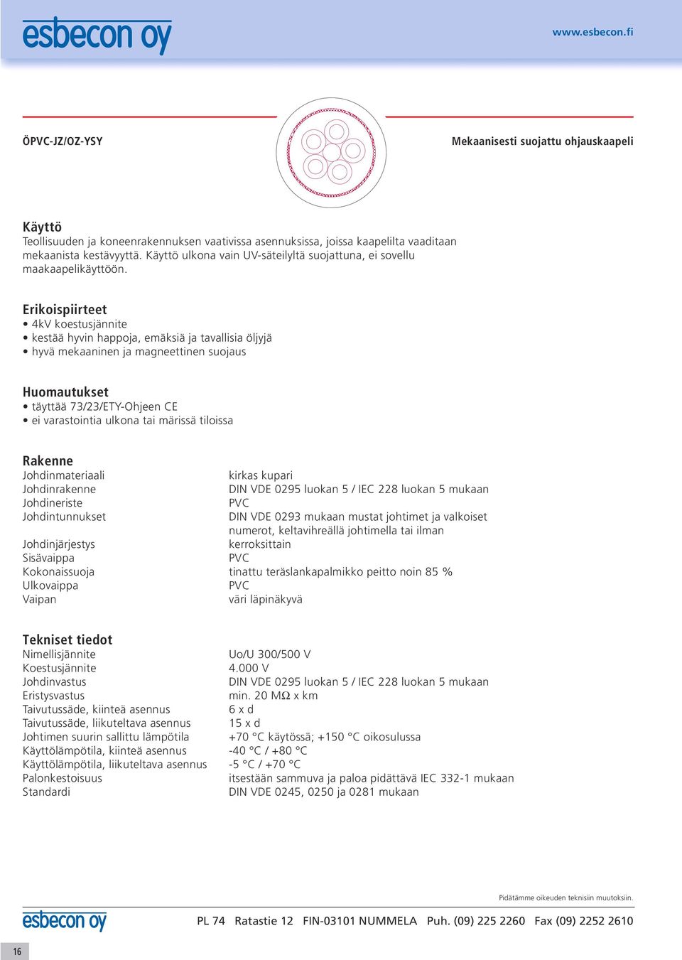 4kV koestusjännite kestää hyvin happoja, emäksiä ja tavallisia öljyjä hyvä mekaaninen ja magneettinen suojaus Huomautukset täyttää 73/23/ETY-Ohjeen CE ei varastointia ulkona tai märissä tiloissa DIN