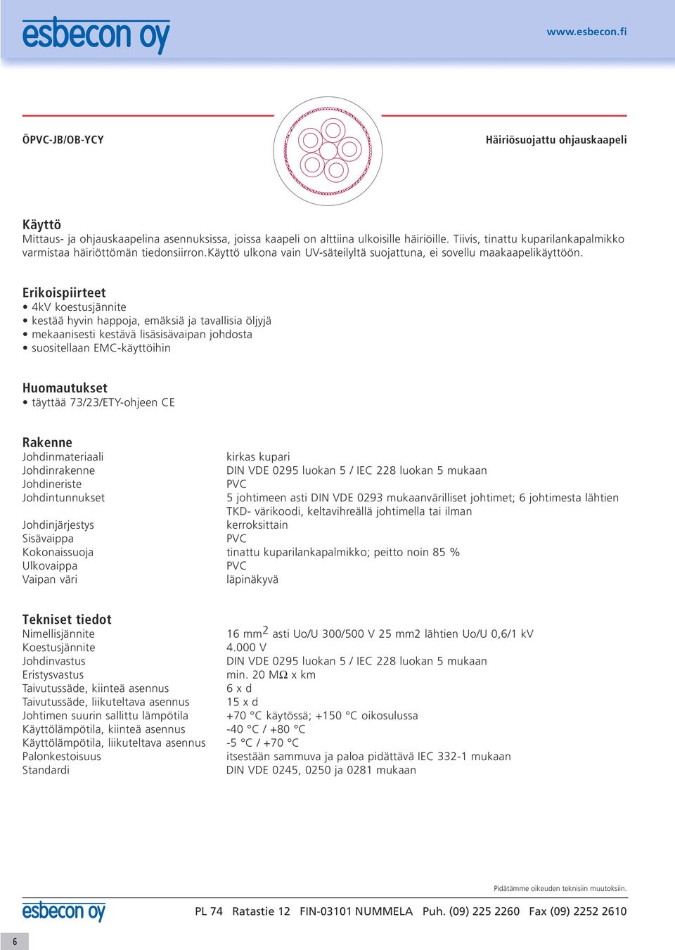 4kV koestusjännite kestää hyvin happoja, emäksiä ja tavallisia öljyjä mekaanisesti kestävä lisäsisävaipan johdosta suositellaan EMC-käyttöihin Huomautukset täyttää 73/23/ETY-ohjeen CE DIN VDE 0295