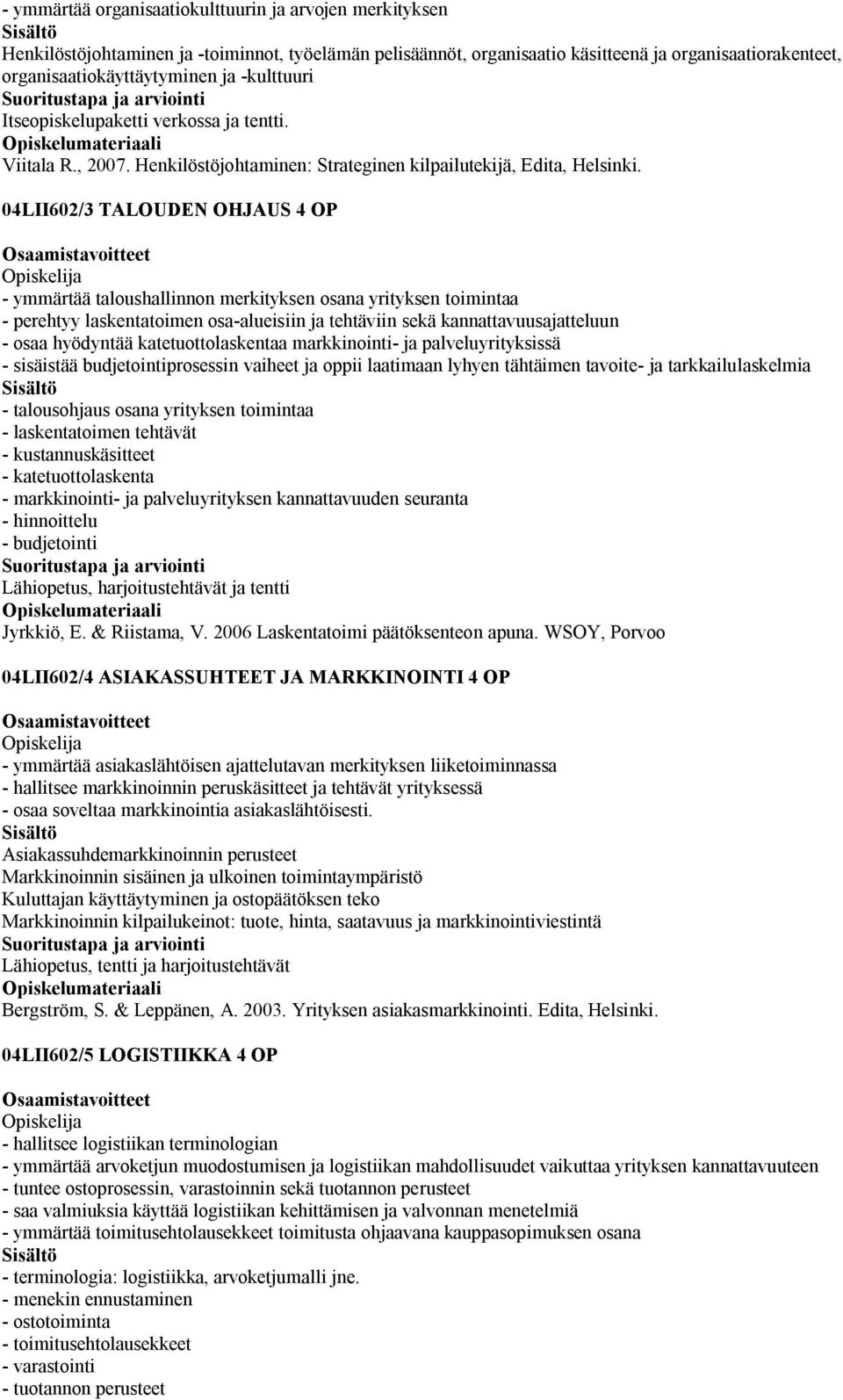 04LII602/3 TALOUDEN OHJAUS 4 OP - ymmärtää taloushallinnon merkityksen osana yrityksen toimintaa - perehtyy laskentatoimen osa-alueisiin ja tehtäviin sekä kannattavuusajatteluun - osaa hyödyntää