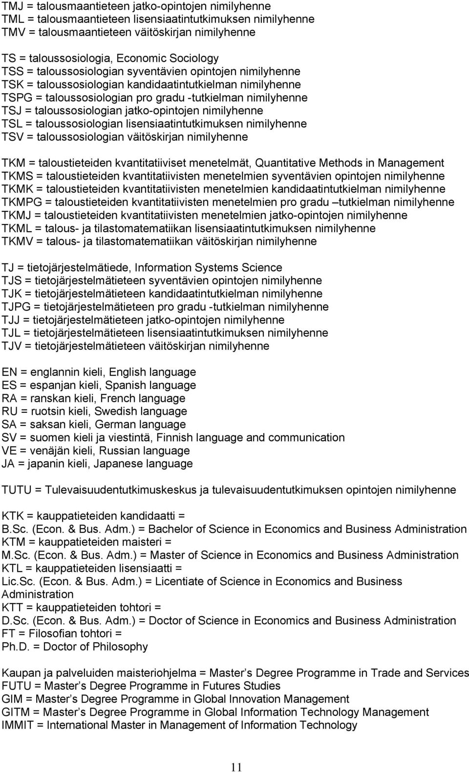 taloussosiologian jatko-opintojen nimilyhenne TSL = taloussosiologian lisensiaatintutkimuksen nimilyhenne TSV = taloussosiologian väitöskirjan nimilyhenne TKM = taloustieteiden kvantitatiiviset