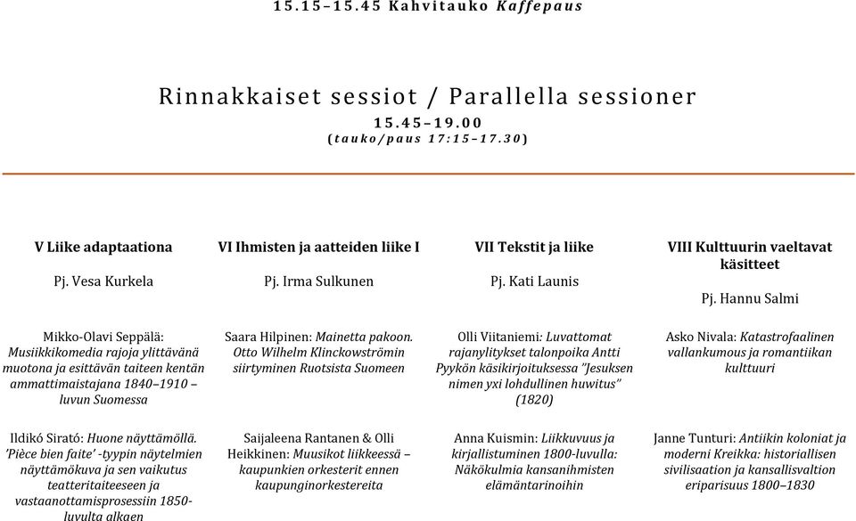 Hannu Salmi Mikko-Olavi Seppälä: Musiikkikomedia rajoja ylittävänä muotona ja esittävän taiteen kentän ammattimaistajana 1840 1910 luvun Suomessa Saara Hilpinen: Mainetta pakoon.