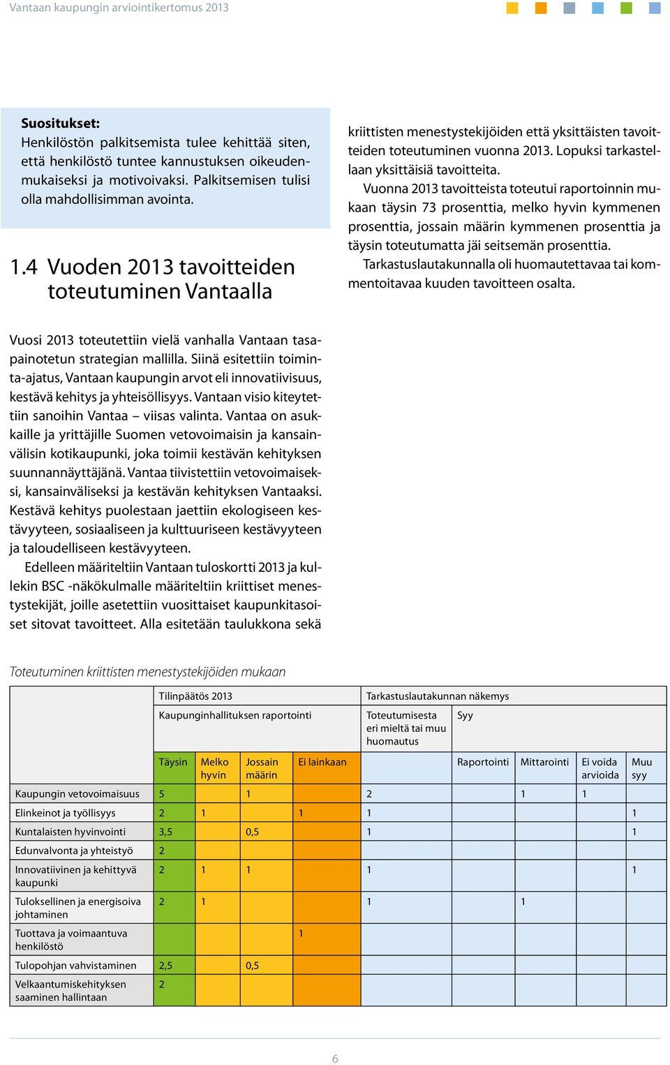 Vuonna 2013 tavoitteista toteutui raportoinnin mukaan täysin 73 prosenttia, melko hyvin kymmenen prosenttia, jossain määrin kymmenen prosenttia ja täysin toteutumatta jäi seitsemän prosenttia.