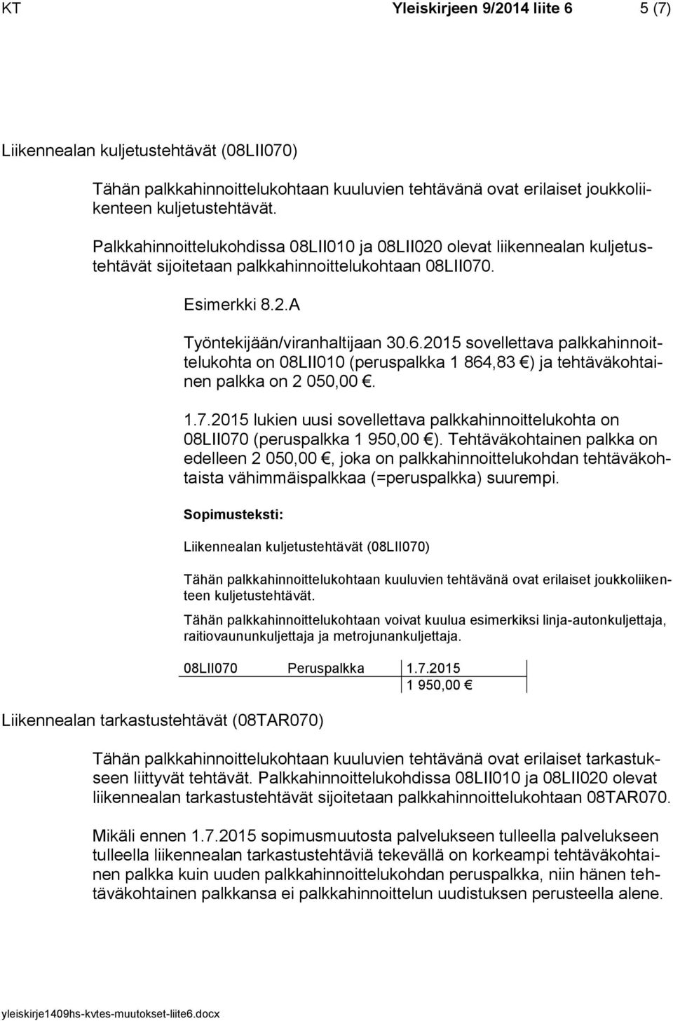 2015 sovellettava palkkahinnoittelukohta on 08LII010 (peruspalkka 1 864,83 ) ja tehtäväkohtainen palkka on 2 050,00. 1.7.