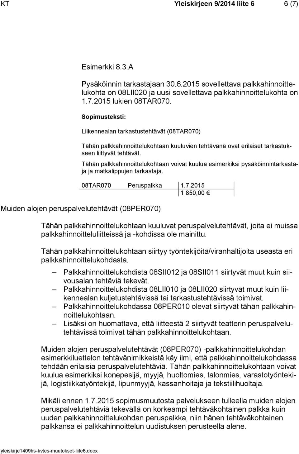 Tähän palkkahinnoittelukohtaan voivat kuulua esimerkiksi pysäköinnintarkastaja ja matkalippujen tarkastaja. 08TAR070