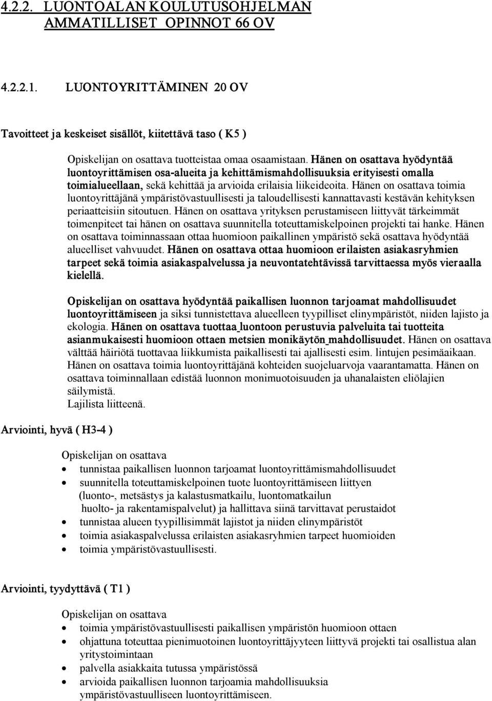 Hänen on osattava hyödyntää luontoyrittämisen osa alueita ja kehittämismahdollisuuksia erityisesti omalla toimialueellaan, sekä kehittää ja arvioida erilaisia liikeideoita.