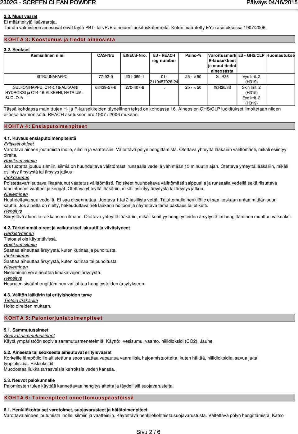 EU - REACH reg number SITRUUNAHAPPO 77-92-9 201-069-1 01-2119457026-24 SULFONIHAPPO, C14-C16-ALKAANI HYDROKSI ja C14-16-ALKEENI, NATRIUM- SUOLOJA Paino-% Varoitusmerkki, EU - GHS/CLP Huomautukset