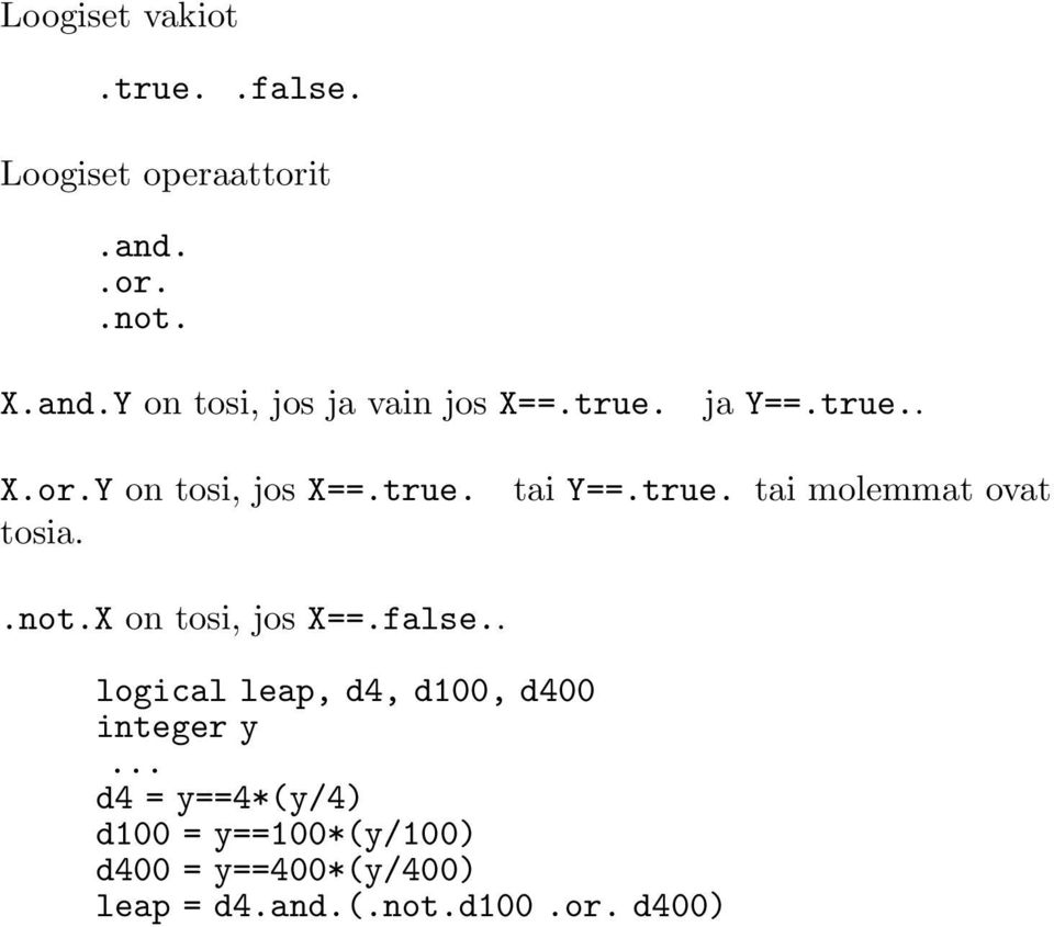 .not.x on tosi, jos X==.false.. logical leap, d4, d100, d400 integer y.