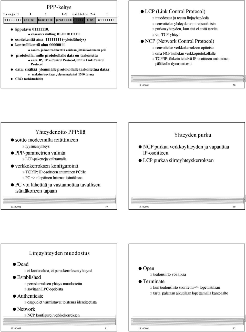 IP, IP:n Control Protocol, PPP:n Link Control Protocol data: sisältää ylemmälle protokollalle tarkoitettua dataa maksimi sovitaan, oletusmaksimi 1500 tavua CRC: tarkistusbitit; LCP (Link Control