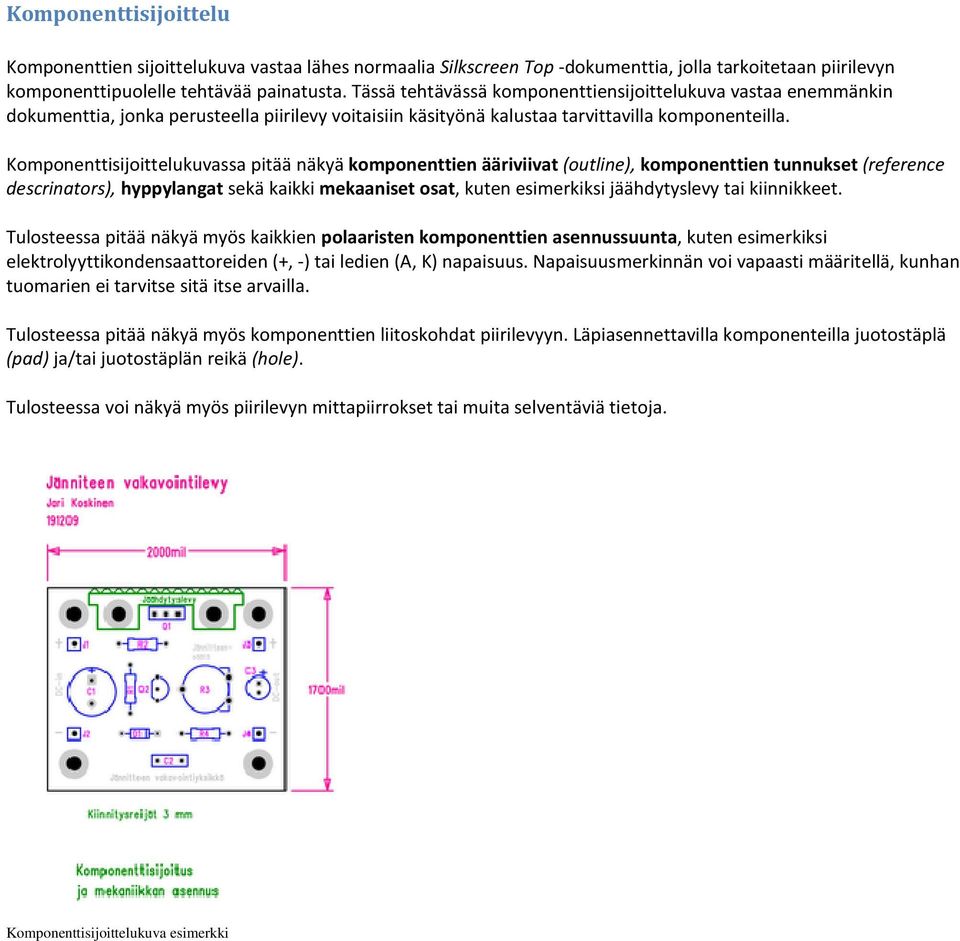 Komponenttisijoittelukuvassa onenttisijoittelukuvassa pitää näkyä komponenttien ääriviivat (outline), komponenttien tunnukset (reference descrinators), hyppylangat sekä kaikki mekaaniset osat,, kuten