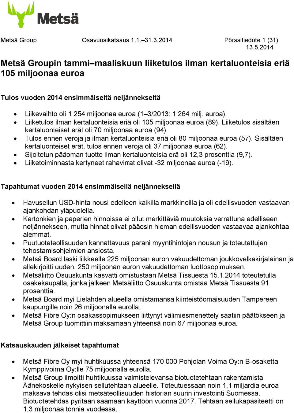 euroa (1 3/: 1 264 milj. euroa). Liiketulos ilman kertaluonteisia eriä oli 105 miljoonaa euroa (89). Liiketulos sisältäen kertaluonteiset erät oli 70 miljoonaa euroa (94).